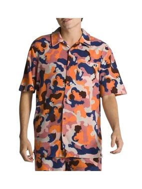 VANS Mens Small Hawaiian Tyris Winter Button Up Camp Shirt Orange Blue Colourful